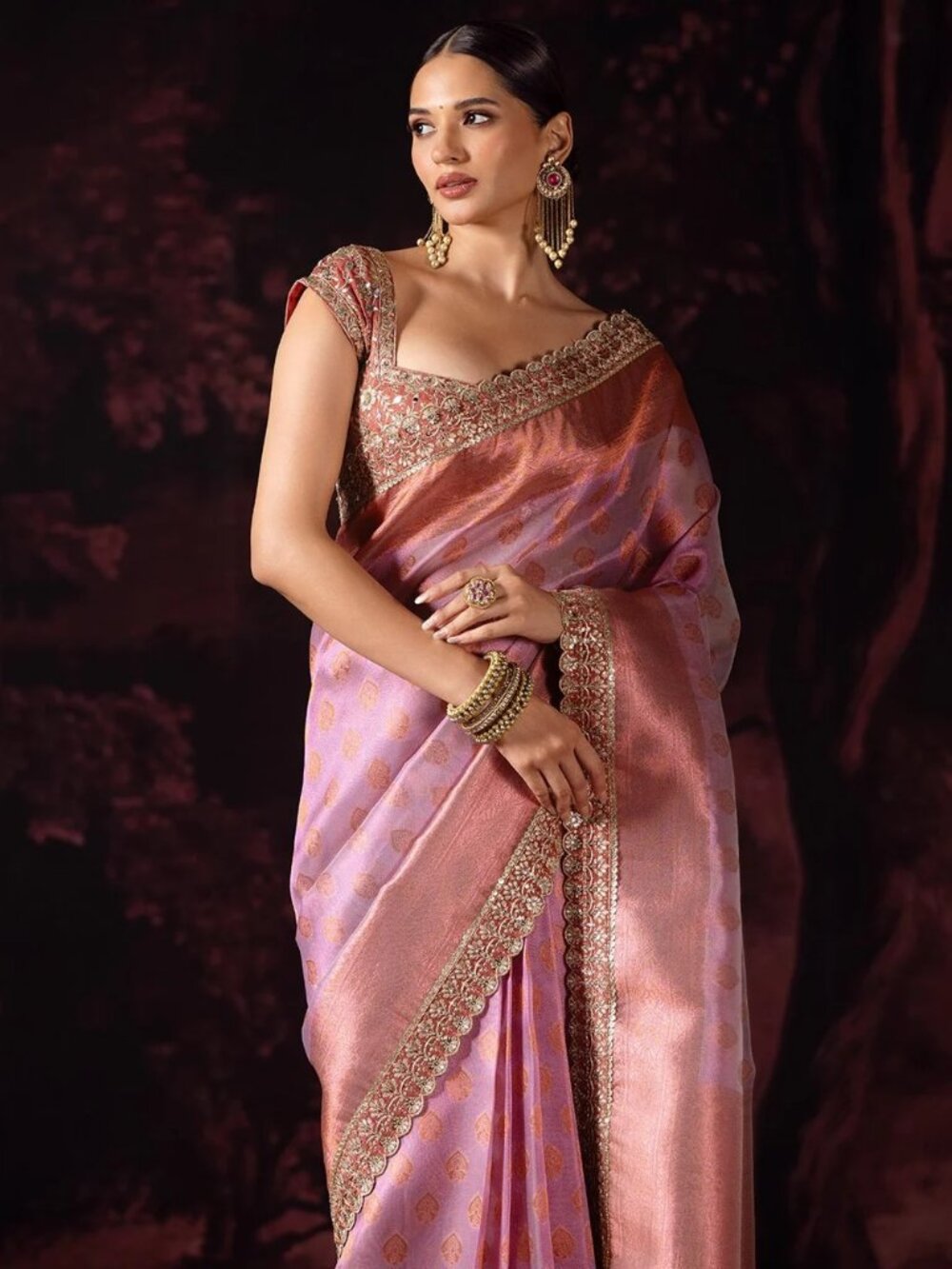 Lashkaraa Pink Ombre Embroidered Tissue Saree (Pre-pleated)